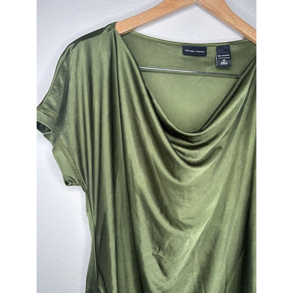 Y2K New York & Co Olive Green Cowl Neck Ruched Tunic Top Club Mini Dress Size M - Picture 3 of 6